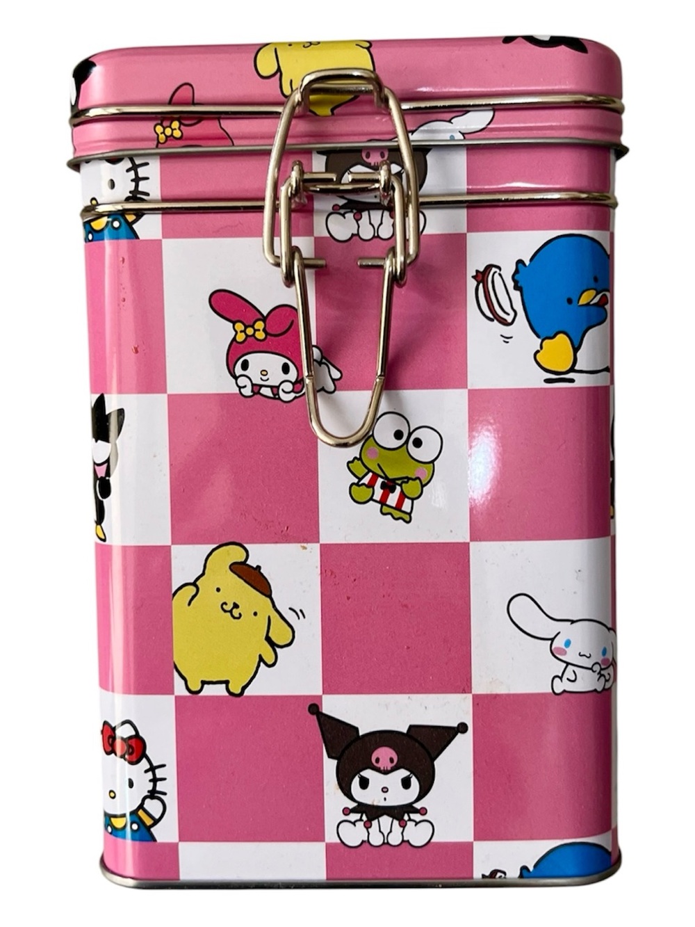 Sanrio Pink and White Checkered Metal Treat Tin with Characters